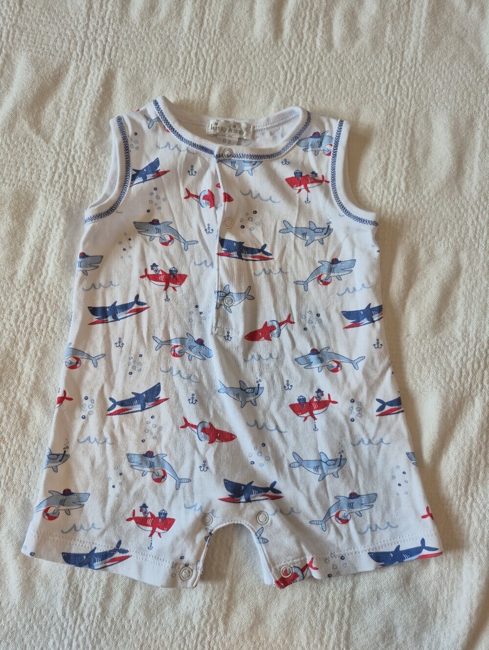 Kissy Kissy boys 0-3 months blue & red shark print short romper VGUC